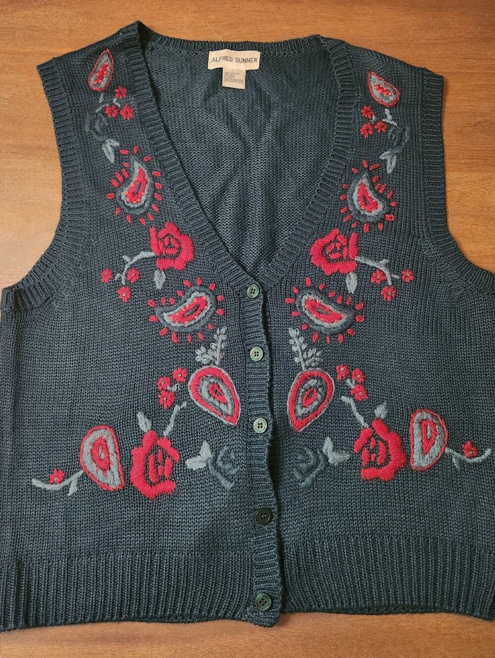 Alfred Dunner Green Knit Button Front Vest with Red Floral Embroidery